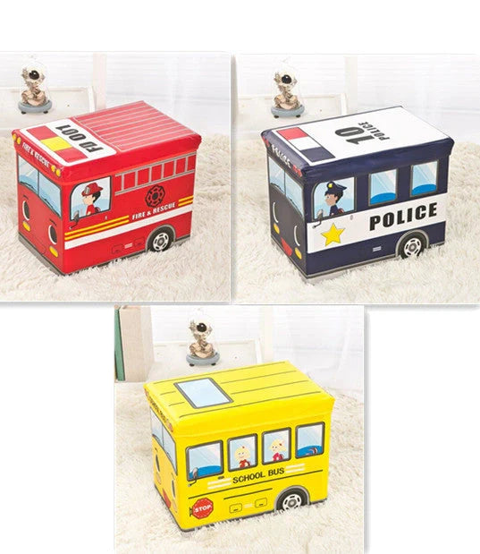 Foldable cartoon storage box stool in navy blue police car design, dimensions 40x25x31cm