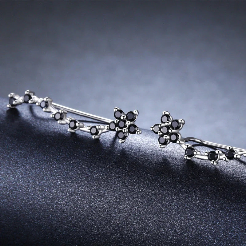 Women's long fringed zircon earrings in black with floral design