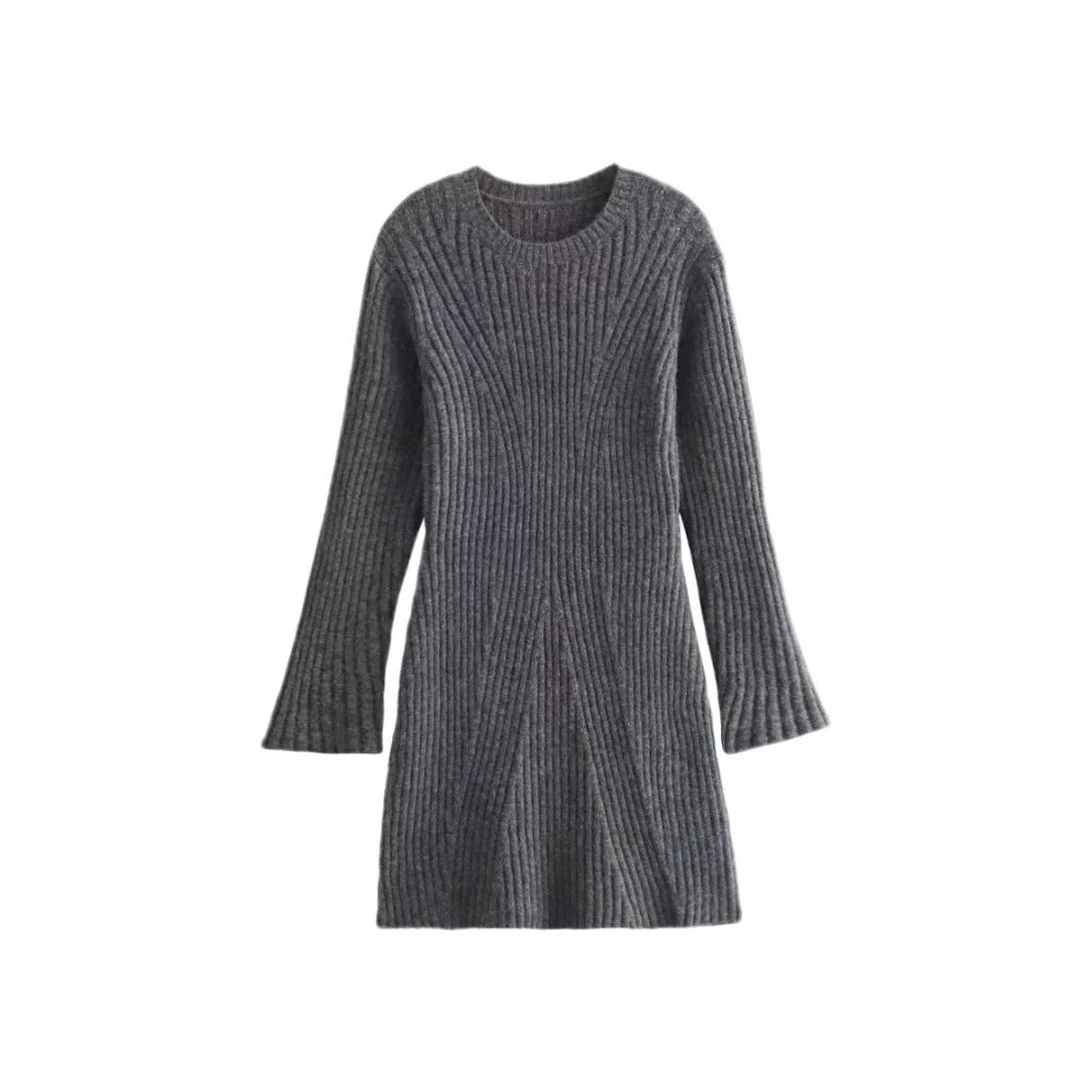 Stylish ribbed knitted dress for women in various colours, featuring a slim fit and stand-up collar.