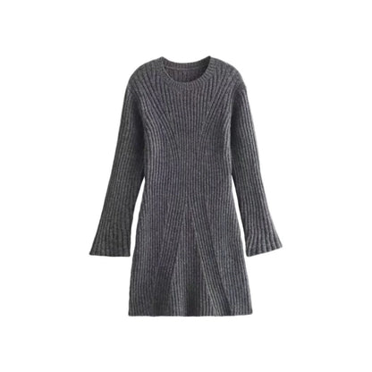 Stylish ribbed knitted dress for women in various colours, featuring a slim fit and stand-up collar.