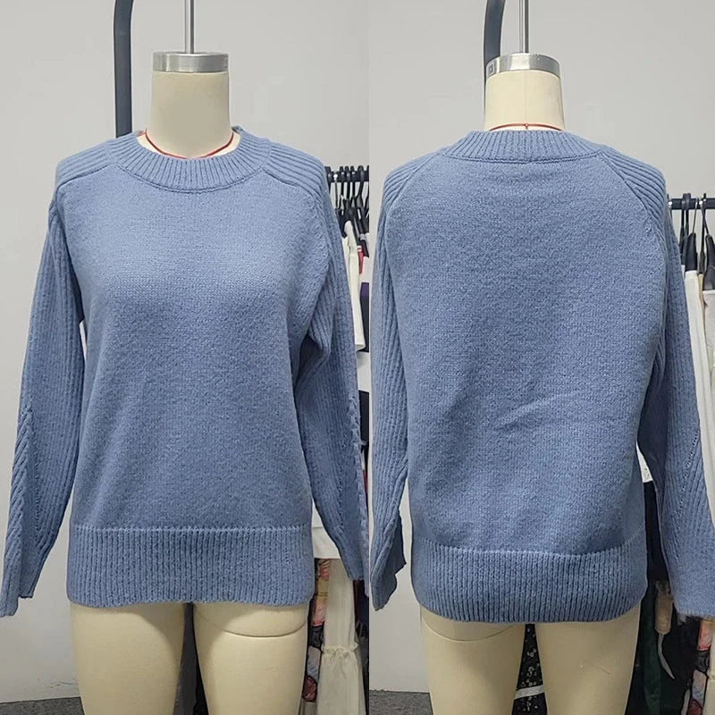 European Milk Blue Bedford Cord Sweater with round collar and long sleeves