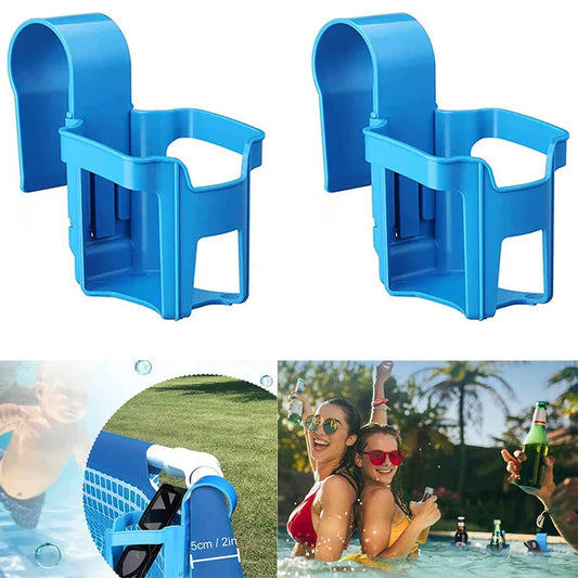 Poolside drink holder attached to the edge of a swimming pool, securely holding a variety of beverage containers.