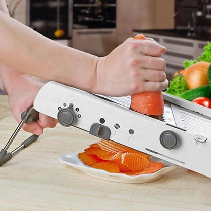 The Versatile Vegetable Slicer with adjustable slicing, shredding, and waffle cutting capabilities for easy meal preparation