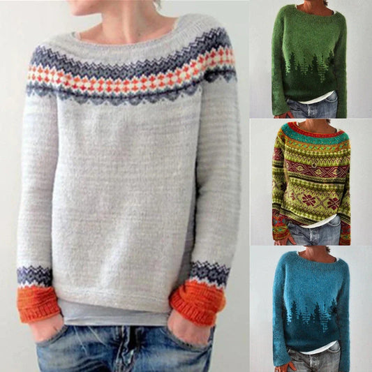 A stylish loose-fit knit jumper with a variety of colourful patterns and designs