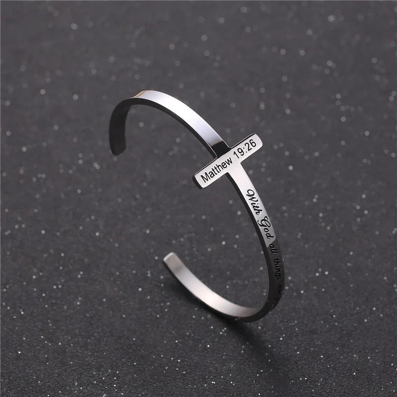 Titanium steel bracelet with scripture cross lettering in silver