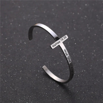 Titanium steel bracelet with scripture cross lettering in silver