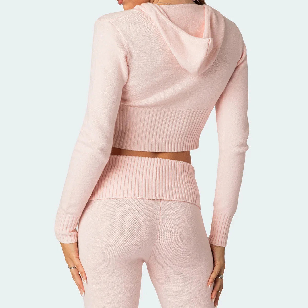 Women's knitted hooded suit with zipper cropped top and flared pants in solid colours