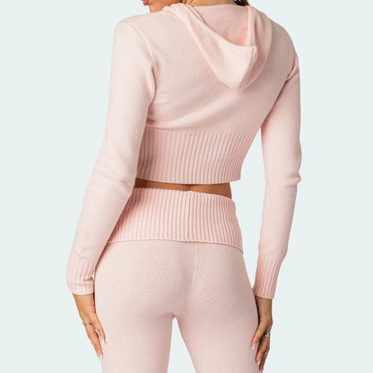 Women's knitted hooded suit with zipper cropped top and flared pants in solid colours