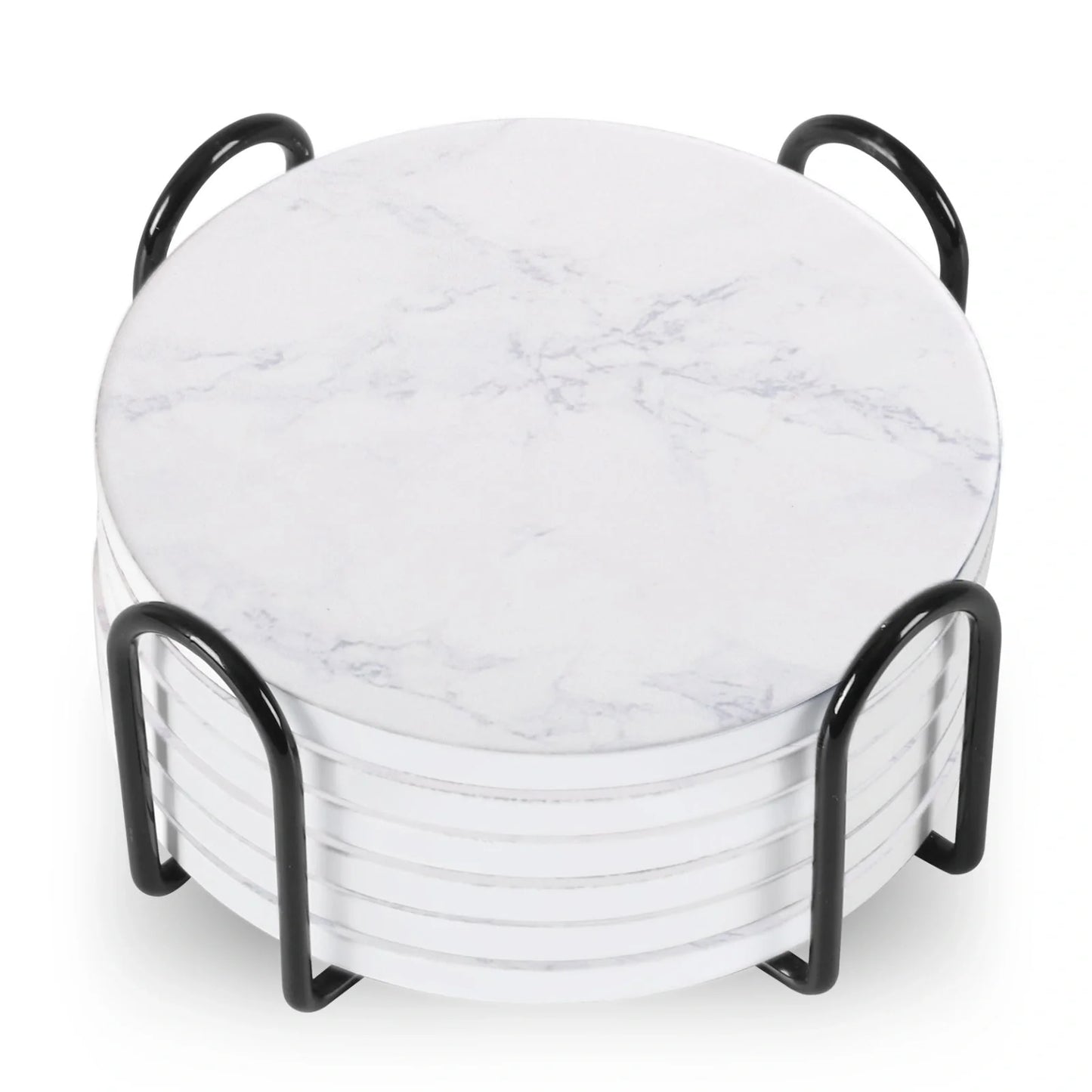 Set of 6 ceramic beverage coasters with metal stand and cork base, elegant and practical.
