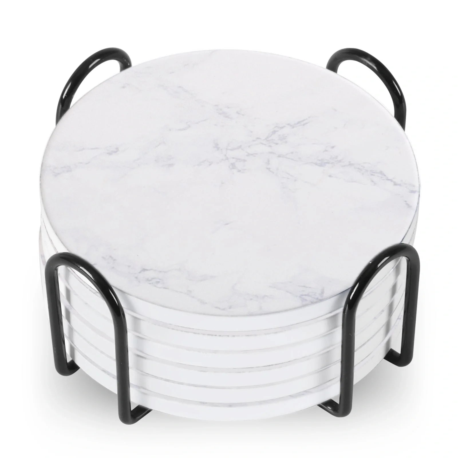 Set of 6 ceramic beverage coasters with metal stand and cork base, elegant and practical.