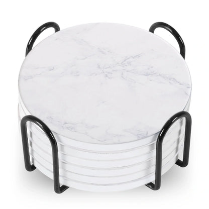 Set of 6 ceramic beverage coasters with metal stand and cork base, elegant and practical.