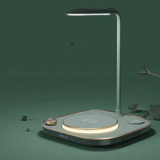 Versatile 3-in-1 wireless charging desk lamp with adjustable LED lighting and fast 15W Qi charging for smartphones and devices