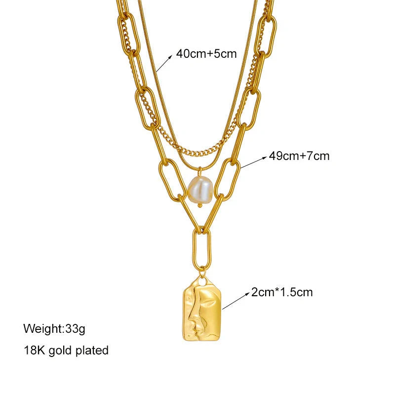 Layered face portrait chain choker necklace set with pearls for women