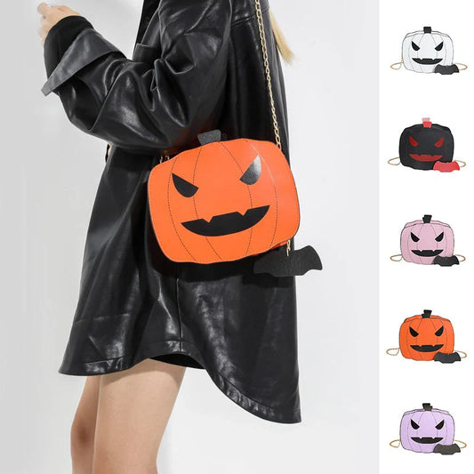 Enchanting Halloween pumpkin-themed shoulder bag in various colours, featuring an adjustable chain strap and trendy urban style
