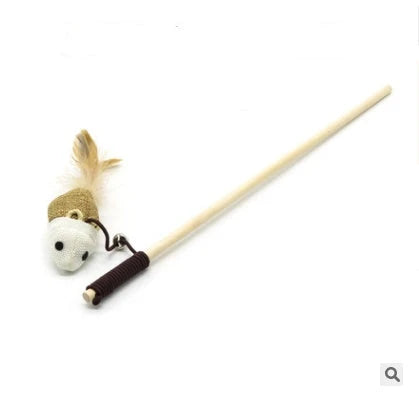 A handcrafted cat toy made from solid wood and natural materials, featuring a feather-on-a-stick design to captivate and engage your feline friend.