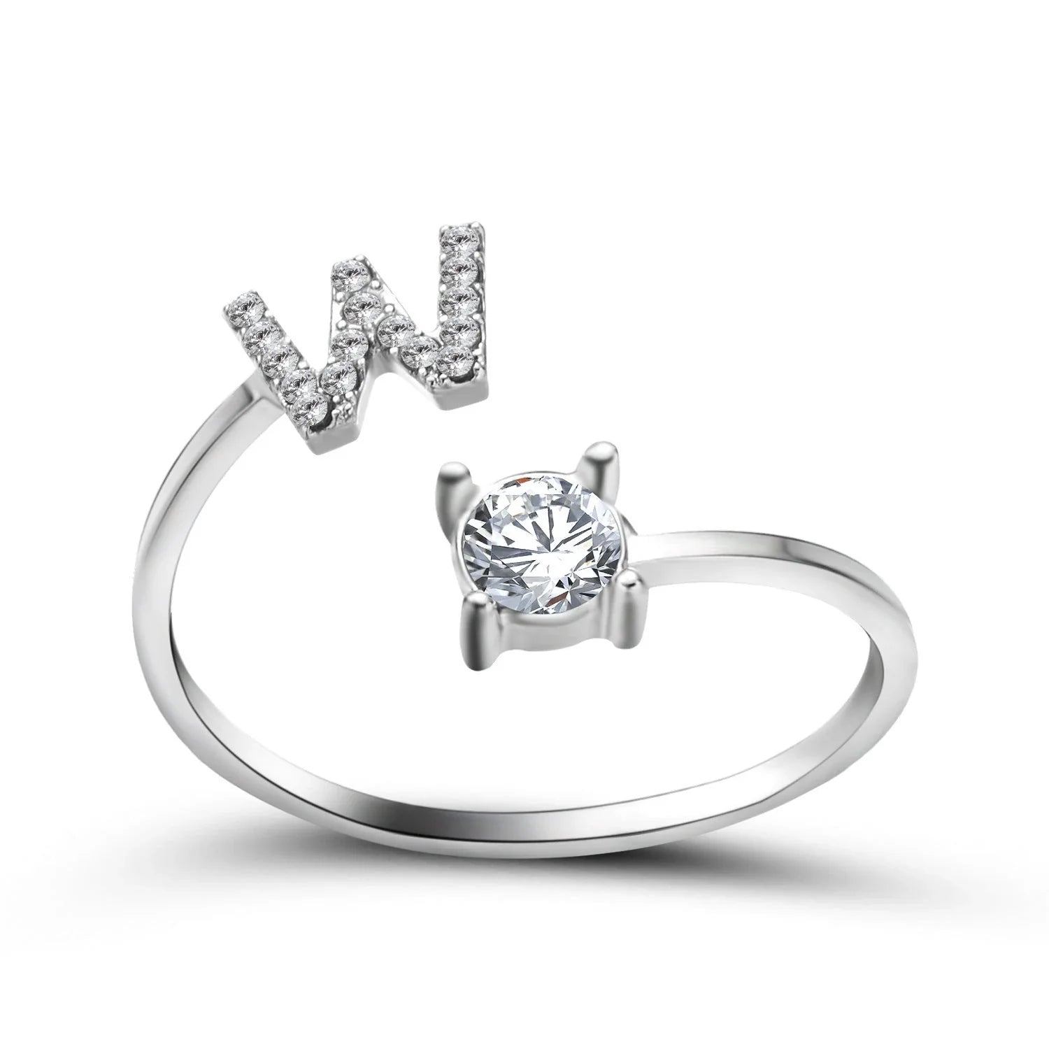 Customizable adjustable ring with 26 letters for women, featuring zircon stones and copper alloy construction