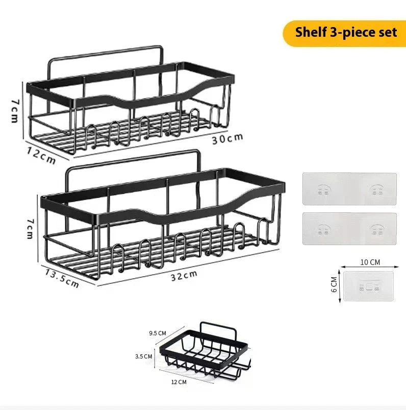 Sleek no-drill bathroom organiser rack set in carbon steel, perfect for clutter-free storage