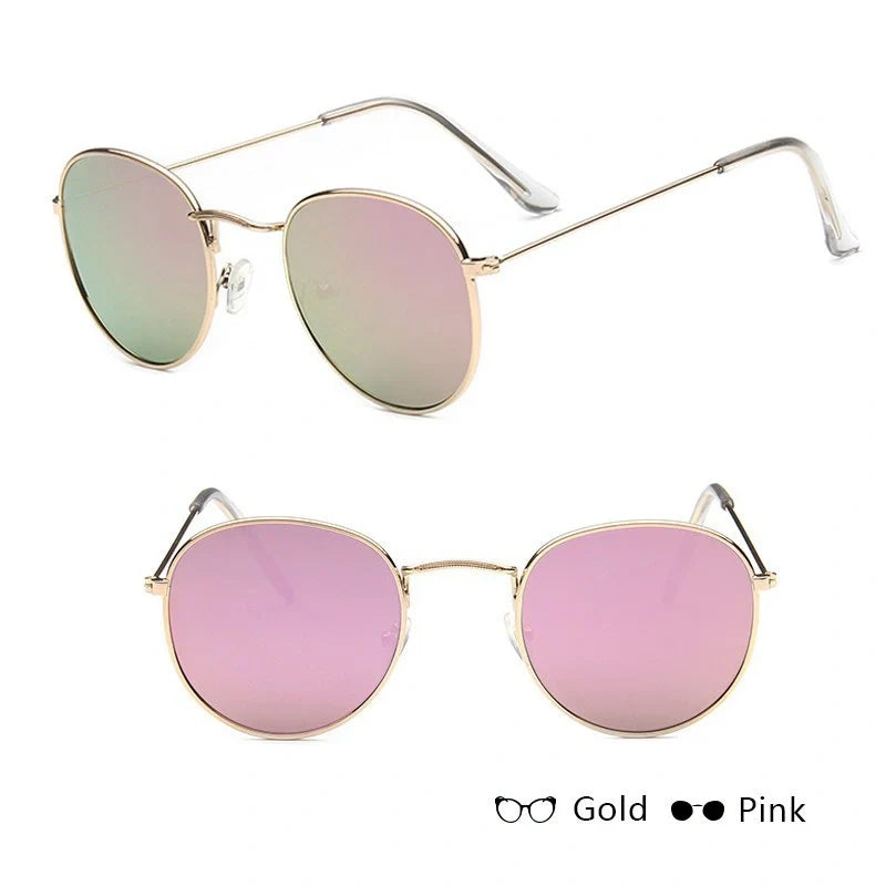 Women's retro metal sunglasses with round frame in gold and silver options