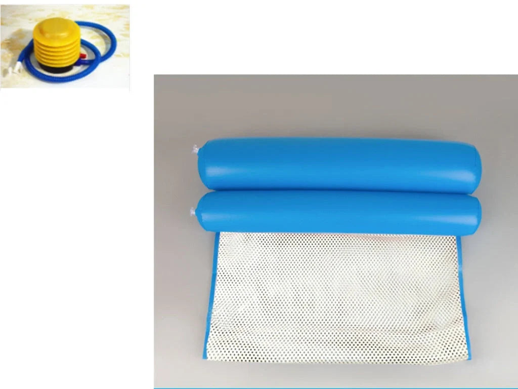 Inflatable water lounge chair in blue, floating in pool with hammock-style design