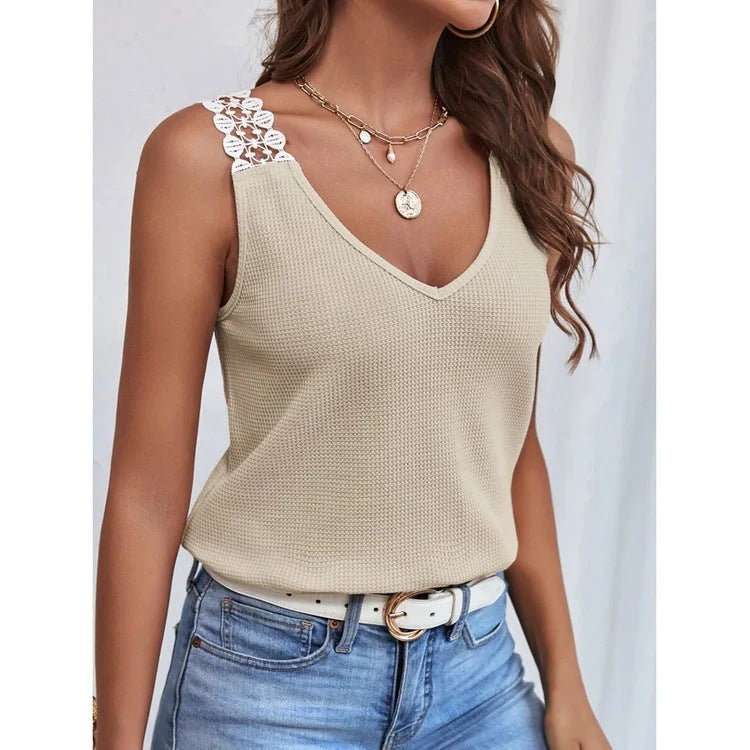 Waffle V-Neck Vest with lace detail, available in light grey, black, pink, brick red, and apricot