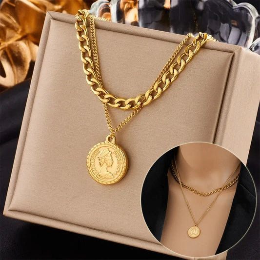 Geometric coin pendant necklace made of premium titanium steel, featuring a stylish and versatile design for women