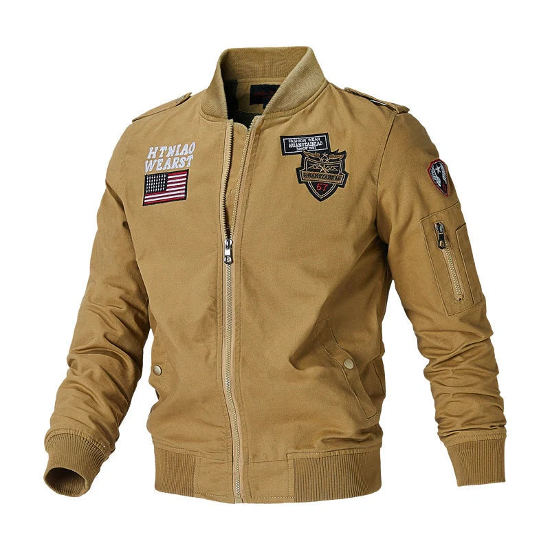 Men's khaki flight jacket with options for cotton lining in various sizes