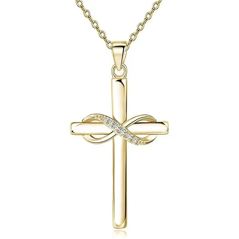 Elegant cross and infinity symbol pendant necklace in gold and silver tones, made with premium materials for a sophisticated and long-lasting accessory.