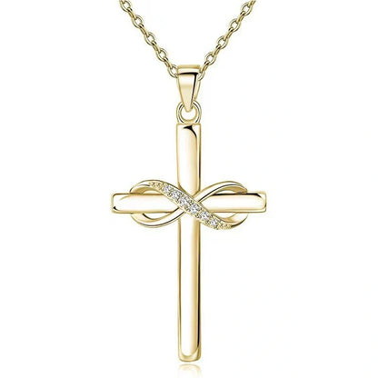 Elegant cross and infinity symbol pendant necklace in gold and silver tones, made with premium materials for a sophisticated and long-lasting accessory.