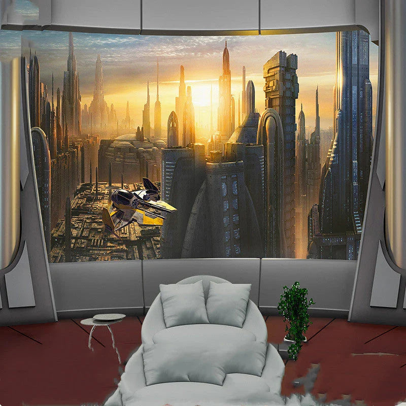 Captivating 3D spaceship wallpaper design featuring vibrant colours and intricate details, perfect for cosmic-inspired home decor
