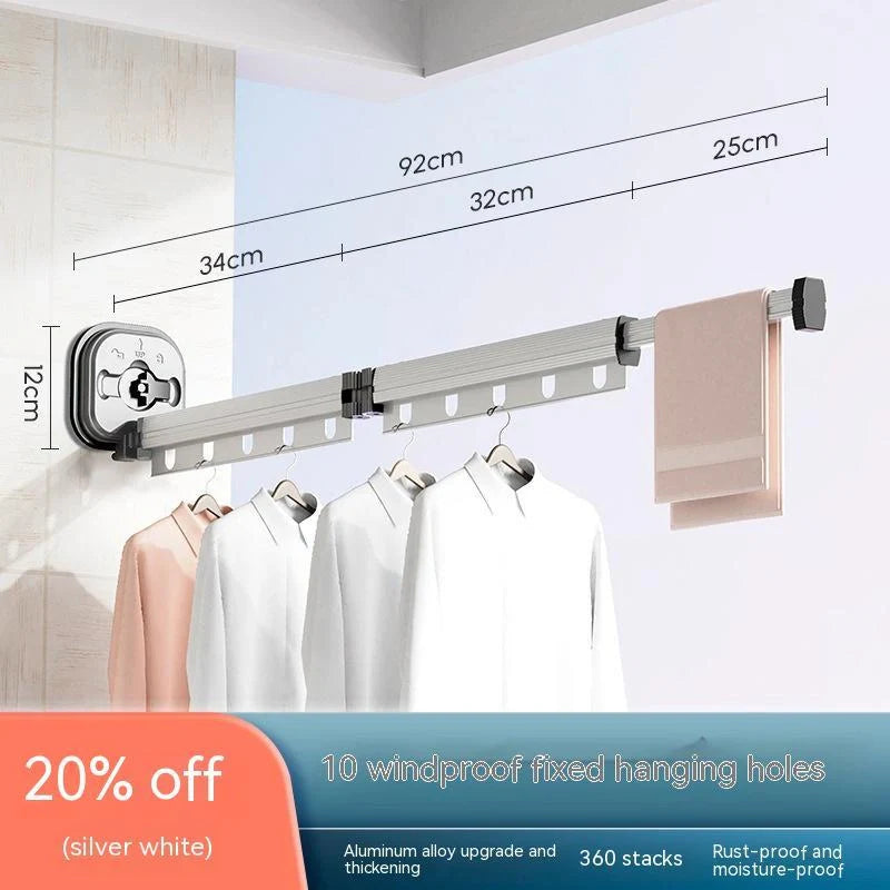 Aluminium suction cup folding clothes hanger with retractable drying rack for space-saving laundry drying