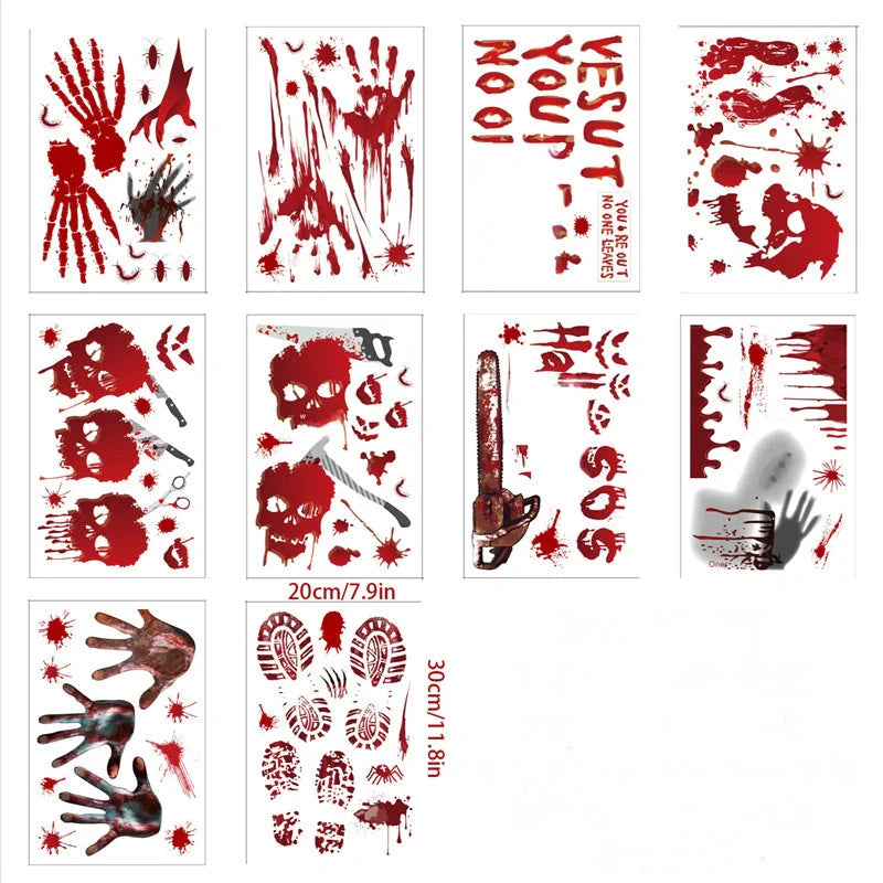 Set of 9 Halloween window stickers featuring bloody handprints, footprints, and splatters