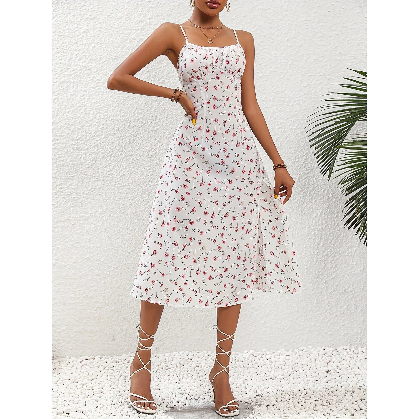 Stylish polka dot suspender dress in multiple colors and sizes for a chic summer look