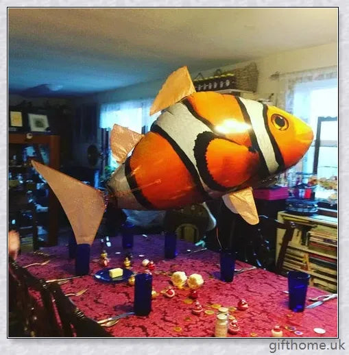 The Amazing Air Shark - Updated Version soaring through the air with its smooth, life-like motion. A durable, helium-powered flying shark perfect for indoor parties and events.