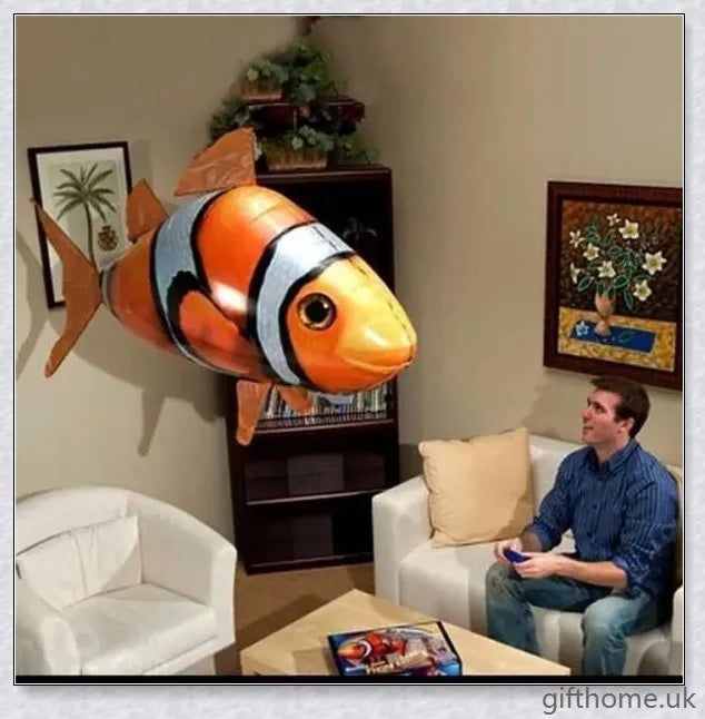 The Amazing Air Shark - Updated Version soaring through the air with its smooth, life-like motion. A durable, helium-powered flying shark perfect for indoor parties and events.