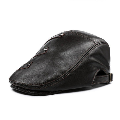 Genuine leather monochrome beret for middle-aged and elderly British men, featuring a sophisticated, adjustable design for premium style and comfort.
