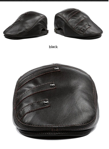 Genuine leather monochrome beret for middle-aged and elderly British men, featuring a sophisticated, adjustable design for premium style and comfort.