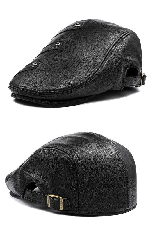 Genuine leather monochrome beret for middle-aged and elderly British men, featuring a sophisticated, adjustable design for premium style and comfort.