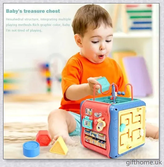 Colourful six-sided educational toy with various games and activities for cognitive development and learning