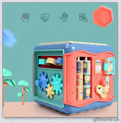 Colourful six-sided educational toy with various games and activities for cognitive development and learning