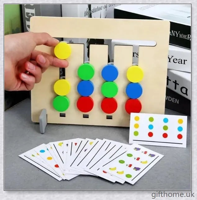 Educational Montessori Toy made of solid wood with a colour and fruit matching maze, designed to develop cognitive skills in children