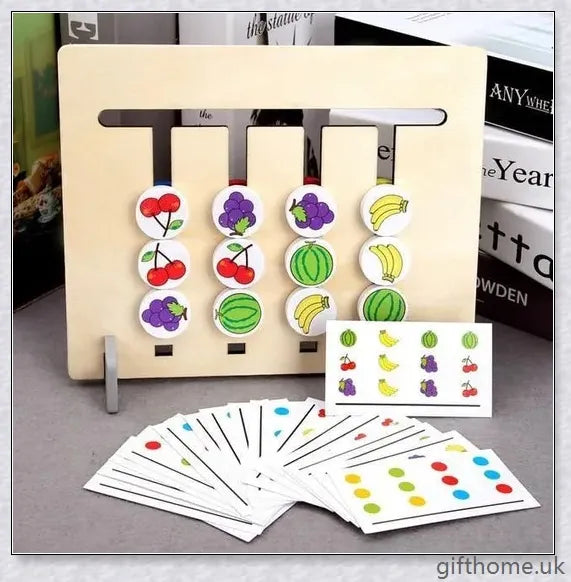 Educational Montessori Toy made of solid wood with a colour and fruit matching maze, designed to develop cognitive skills in children