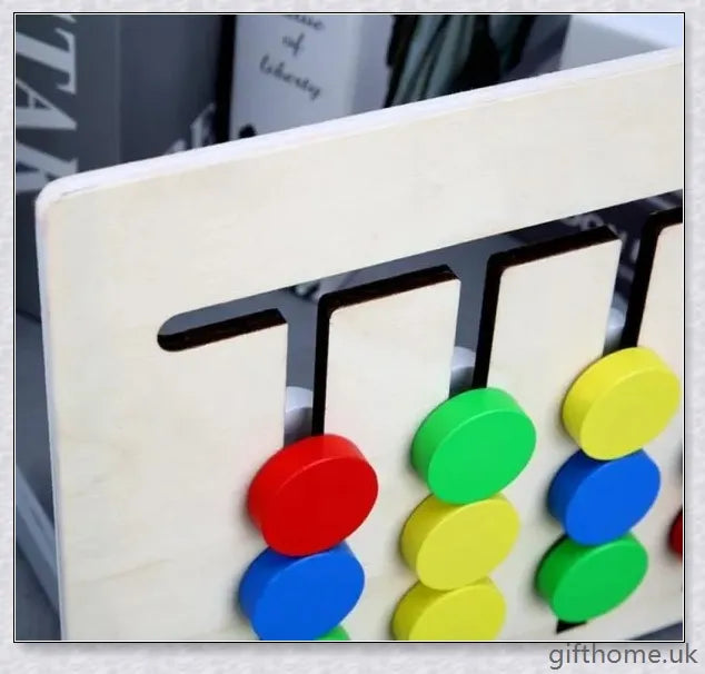 Educational Montessori Toy made of solid wood with a colour and fruit matching maze, designed to develop cognitive skills in children