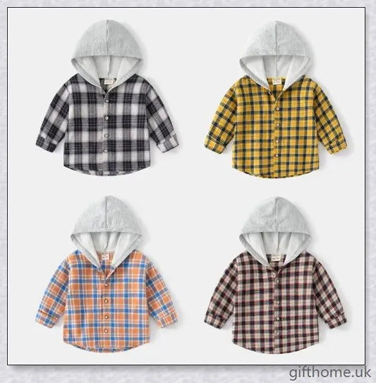 A cosy baby long-sleeved shirt in a charming plaid pattern, featuring a hooded design for extra warmth