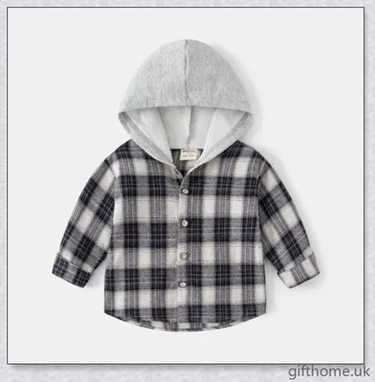 A cosy baby long-sleeved shirt in a charming plaid pattern, featuring a hooded design for extra warmth