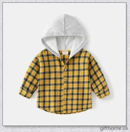 A cosy baby long-sleeved shirt in a charming plaid pattern, featuring a hooded design for extra warmth
