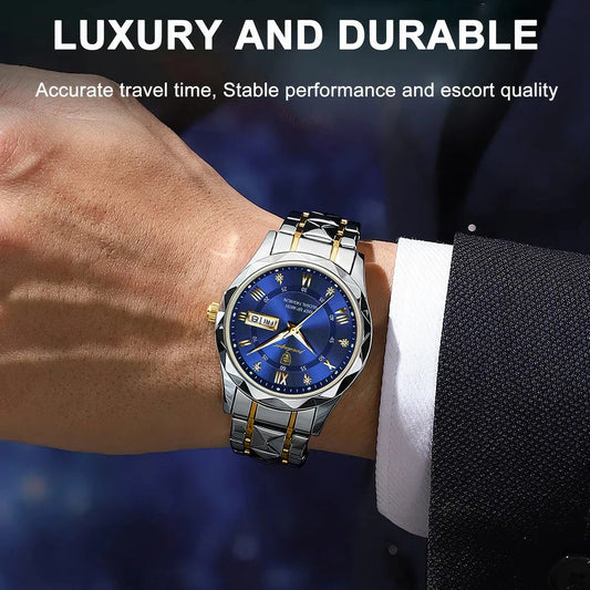 POEDAGAR Luxury Stainless Steel Quartz Men's Watch with Luminous Date Week Display