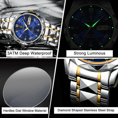 POEDAGAR Luxury Stainless Steel Quartz Men's Watch with Luminous Date Week Display