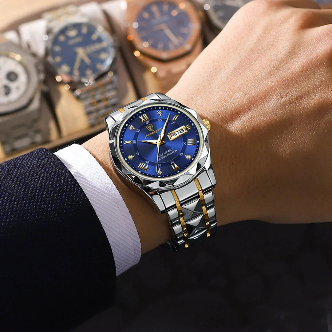 POEDAGAR Luxury Stainless Steel Quartz Men's Watch with Luminous Date Week Display