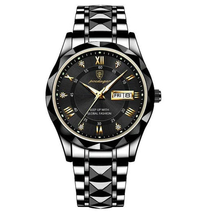 POEDAGAR Luxury Stainless Steel Quartz Men's Watch with Luminous Date Week Display