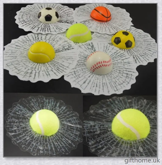 A vibrant 3D sticker featuring a combination of football, basketball, tennis, and baseball motifs for adding a playful touch to any surface.